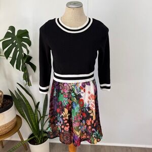 Maeve Anthropologie Mixed Media Dress Women XSP Black Floral Stripe Knit Layered